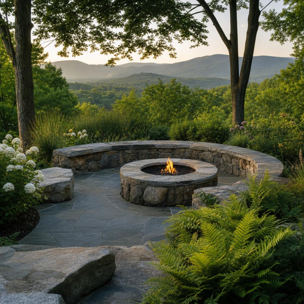 Stone fire pit beside native grasses