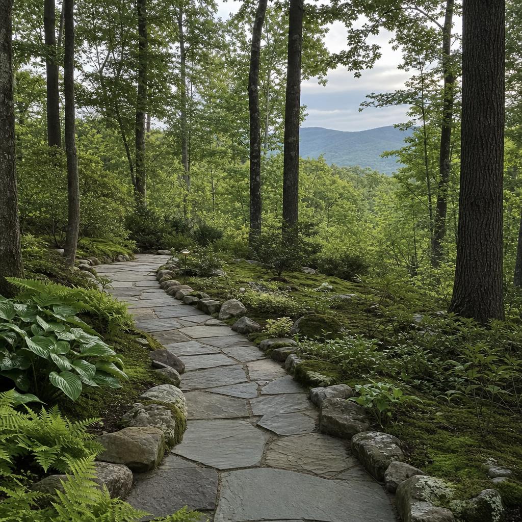 Natural stone path through a woodland garden